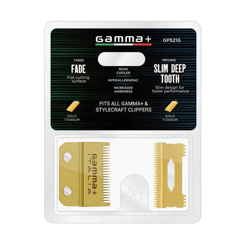 Gamma+ Fixed Gold Fade Replacement Clipper Blade w/ Moving Gold Slim Tooth Cutter Set